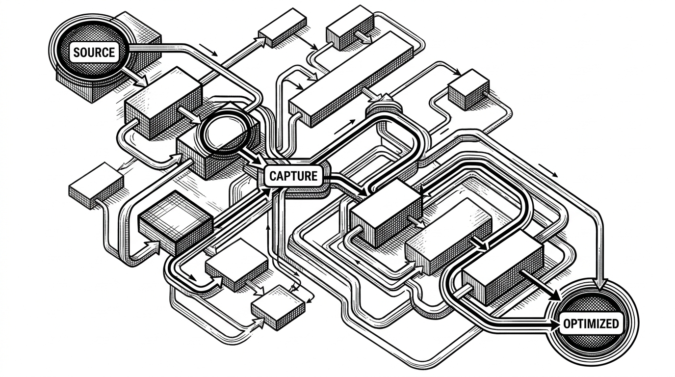 A close-up editorial illustration of a control-flow graph drawn like a transit map or circuit board. One path is highlighted from variable birth to capture to optimization, making the hidden lifetime analysis visible.