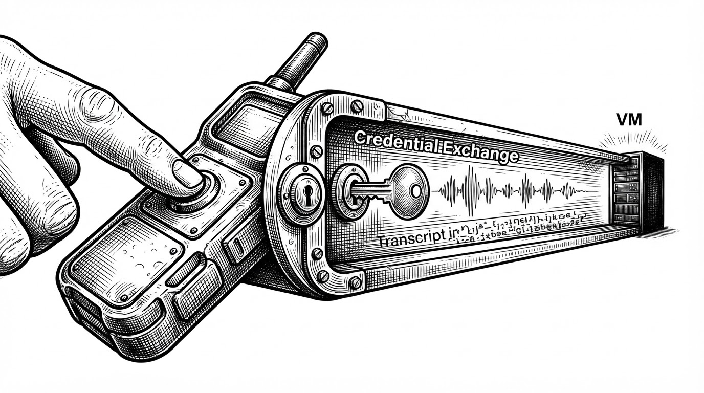 A close-up shows a hand pressing a push-to-talk button on a gadget while a locked tunnel opens toward a remote VM. Three distinct streams pass through the tunnel: encrypted credentials, live voice pulses, and a transcript line, each separated but synchronized. The image explains how pairing, transport, and audio flow are distinct parts of the same session.