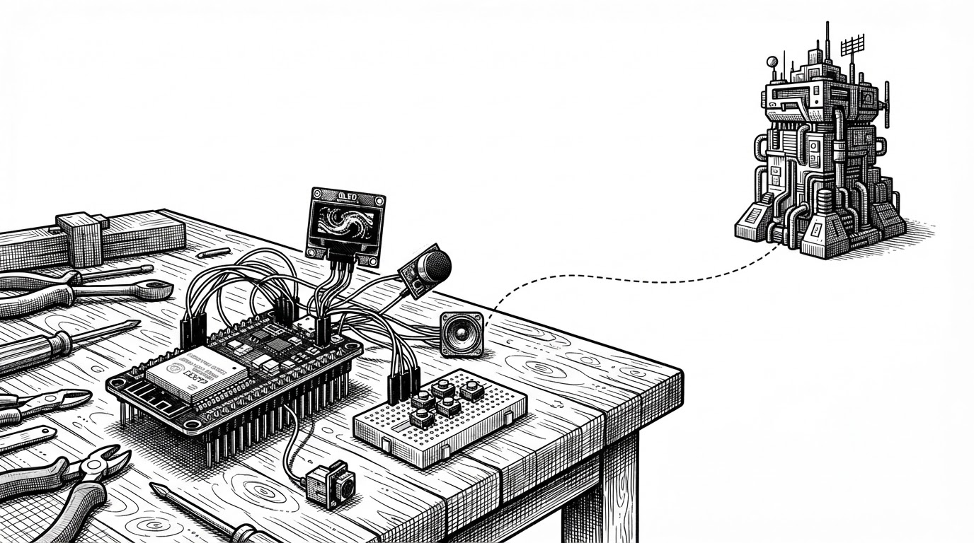 A small ESP32 board sits on a white workbench beside a mic, speaker, display, and button cluster while a larger abstract control core hovers off to the side. A thin encrypted line connects the board to that distant core, showing that the board is the physical body and the intelligence lives elsewhere.