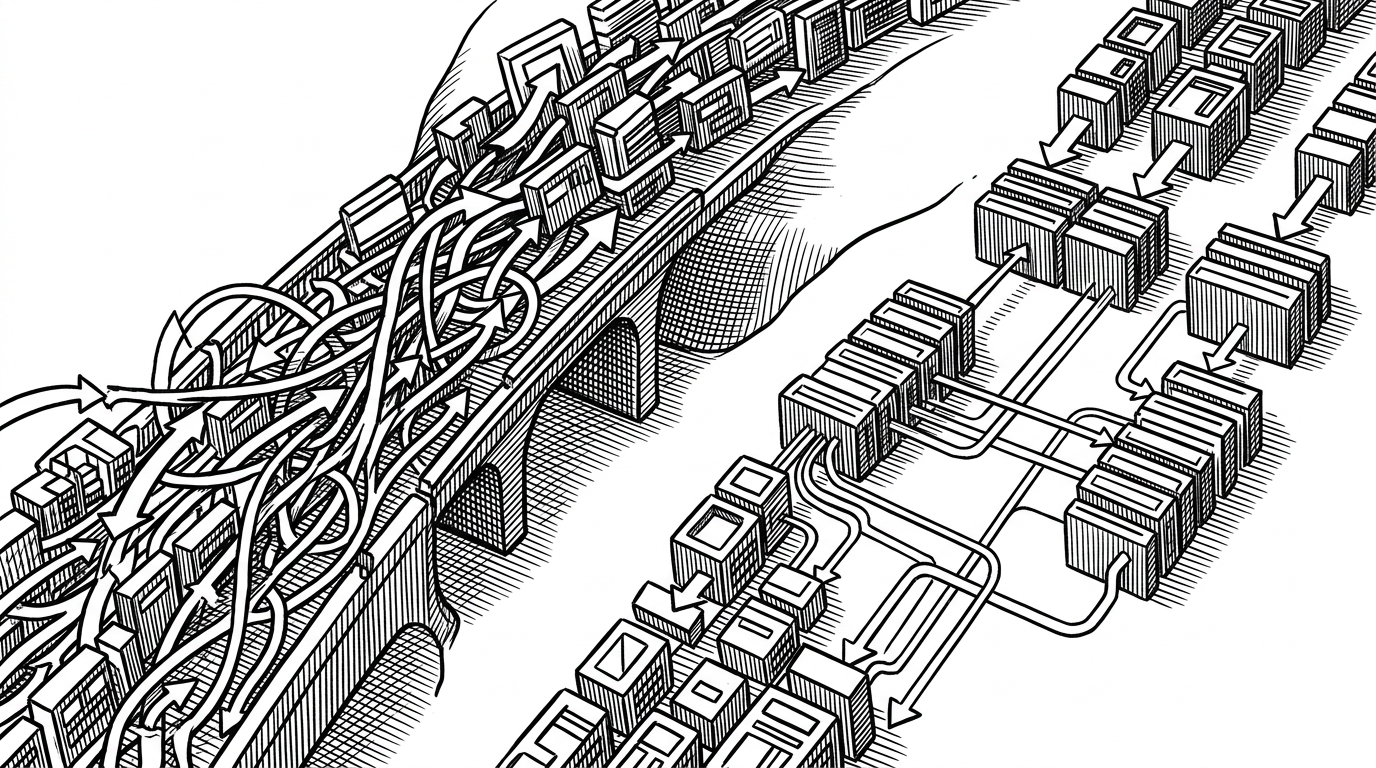 A close-up of frame tokens trying to cross a crowded bridge on the left, contrasted with the same frames funneling into a few register tokens on the right. The image explains how register attention channels information through a small shared memory bank instead of dense all-to-all exchange.