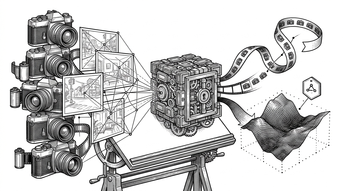 A drafting table turned into a memory machine, with cameras and frame stacks feeding into a central register vault. Outputs flow out as a camera path ribbon, a depth surface, and a language tag, showing that one shared representation can serve multiple geometric tasks.