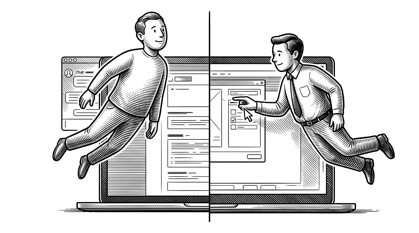 A split-scene comparison of two desktop assistants. On one side, a chat window floats off to the side while the actual app remains untouched. On the other, a cursor-following assistant sits directly over the active application and points at the exact control the user needs. It explains the shift from sidebar help to spatial guidance.