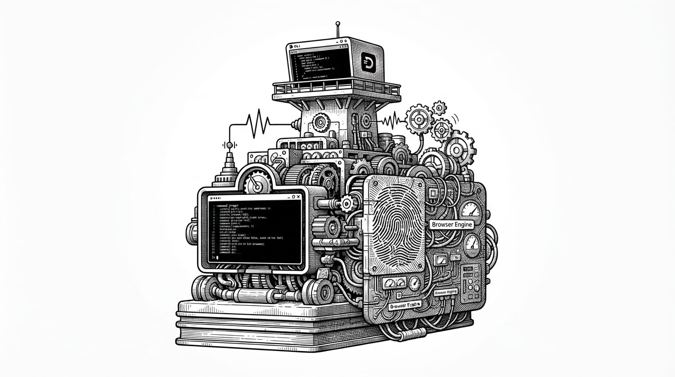 A tiny terminal-style control tower sits on top of a much larger browser machine, with layered gears and signal lines underneath. The scene explains the project's central paradox: a minimal CLI front end commanding a heavy stealth browser engine below.
