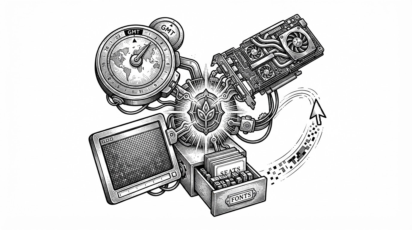 A central seed token links to a cluster of browser identity parts: timezone, GPU, fonts, screen size, audio profile, cursor speed, and typing cadence. Around the edges are detection surfaces that light up when the signals agree or conflict, showing how one seed produces a coherent browser persona.