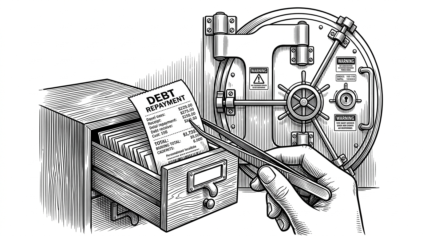 A close-up of a pair of tweezers delicately extracting a single, perfectly legible paper receipt from a small wooden card catalog drawer. Behind it sits a massive, locked bank vault door covered in warning signs.