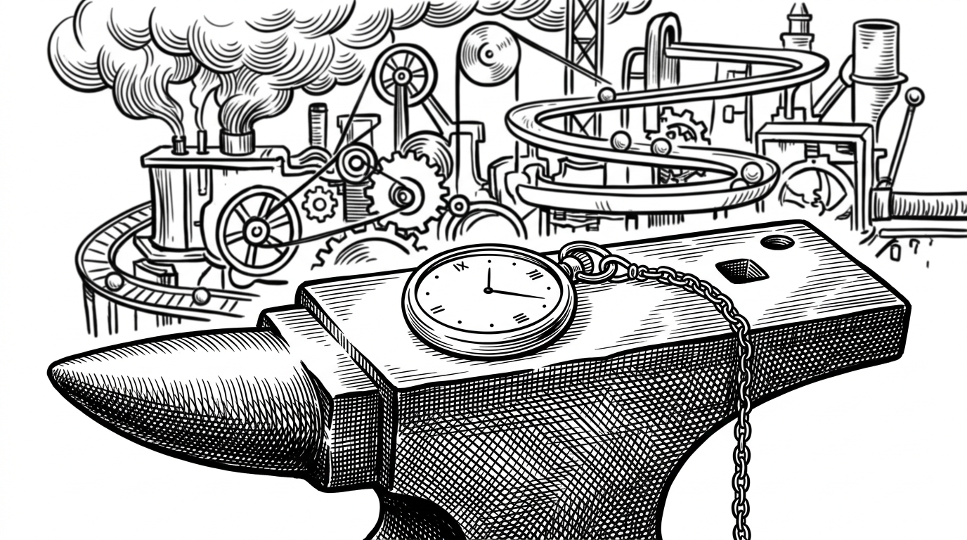 A sleek minimalist pocket watch resting on a heavy iron anvil, contrasting with a massive and overly complex Rube Goldberg machine in the background. This represents the simplicity of Milestones against modern architectural bloat.