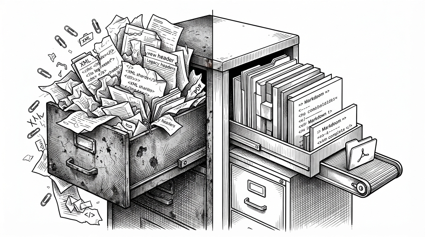 A close-up view of a battered office filing cabinet being emptied into a set of clean stacked blocks and inline elements. On the left, torn XML shards, paper clips, and legacy file fragments spill from drawers. On the right, those fragments resolve into neat blocks flowing toward Markdown lines, while a small side chute marked by visual metaphor only carries PDFs around the main stack. The image explains how normalization turns chaotic source structures into one shared output model.