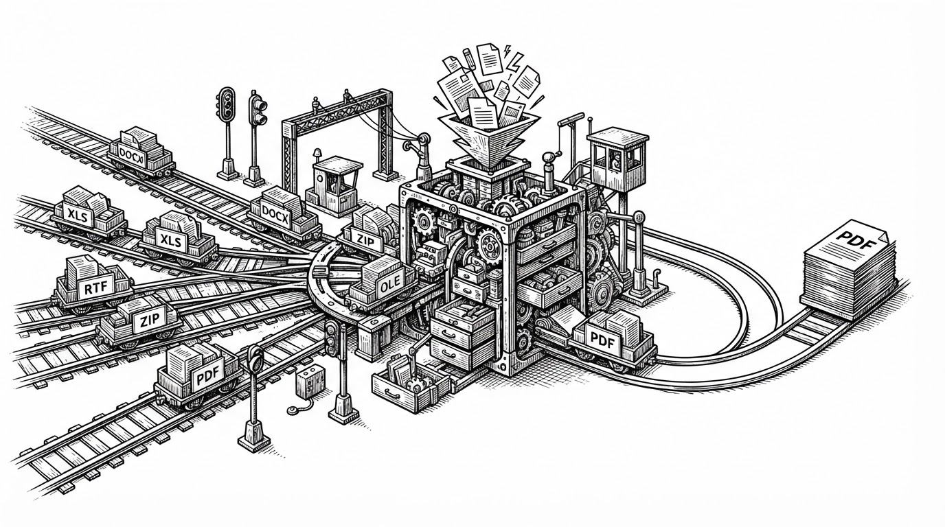A wide rail-yard switchboard where different file carriages labeled DOCX, XLS, RTF, ZIP, and PDF arrive at a central routing switch. Most paths converge into a shared document chamber, while the PDF carriage takes a separate bypass track toward Markdown output. The image explains that anydoc is a decision engine first and a converter second.