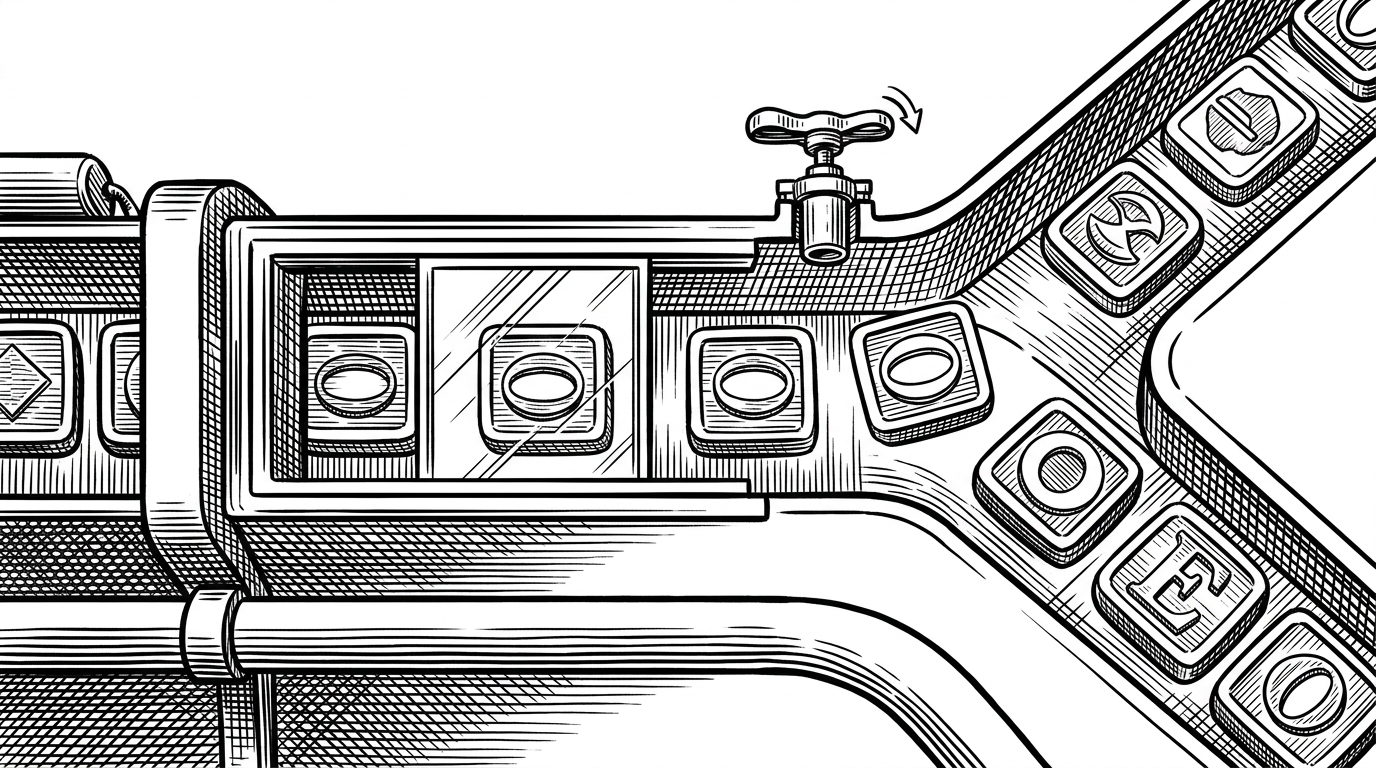 A close-up editorial illustration of a narrow token corridor where one symbol repeats inside a sliding window. A valve opens above the corridor and diverts the next choice into a wider, more varied path. The image explains how repetition-aware sampling interrupts stutter loops before they become audible.