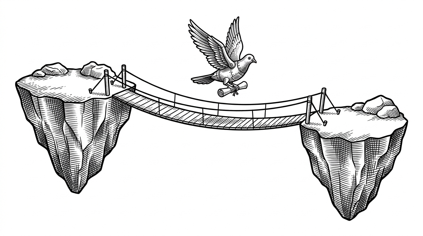 Two separate, floating rocky islands connected by a single, taut suspension bridge. A mechanical messenger pigeon is captured mid-flight across the bridge. It represents an internal HTTP client bridging two isolated databases.