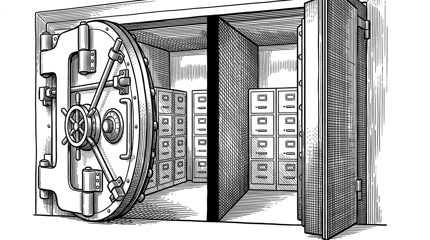 A heavy steel bank vault divided into completely separate, sealed chambers by thick black firewall lines. It illustrates the strict Database-per-Service bounded contexts implemented in NotesVerb.