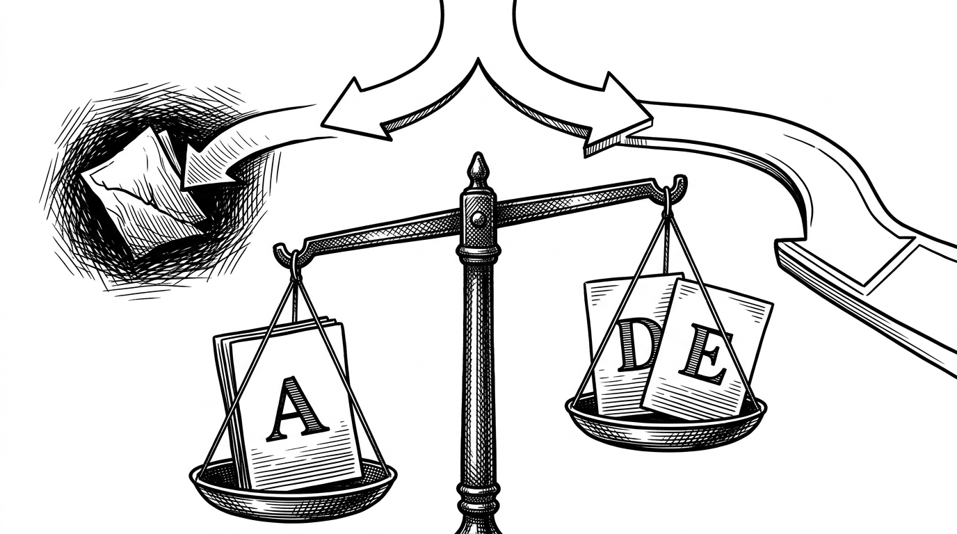 A close-up editorial illustration shows three source cards on a balance scale. One card stamped A weighs the scale down, while two weaker cards stamped D and E barely shift it. A branching arrow splits away from the weak path and toward a refined route, showing how the workflow abandons poor evidence.