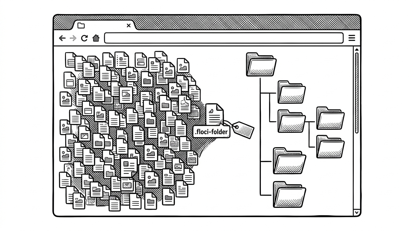 A close-up file explorer scene shows a flat object store on one side and a neatly nested folder tree on the other. A small marker object acts like a hinge that turns prefixes into directories, explaining how floci-ui makes object storage feel familiar.