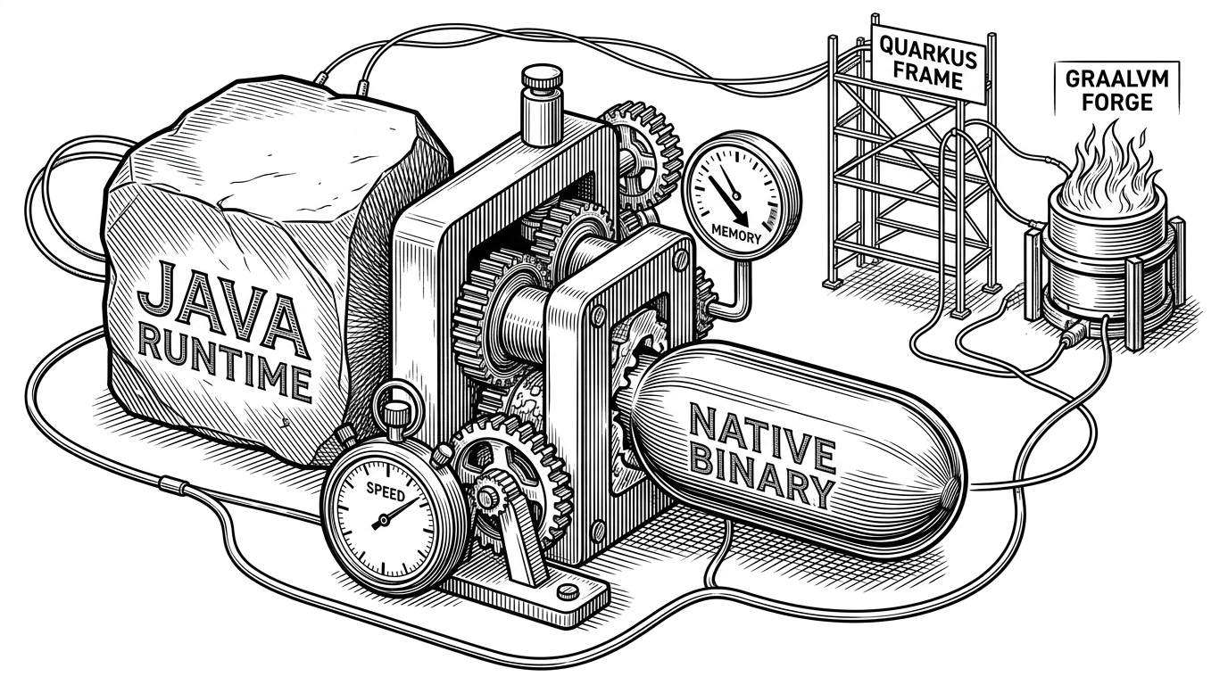 A compact engine shrinks from a bulky build artifact into a small native binary while a stopwatch and memory gauge sit beside it. The illustration explains how Quarkus and GraalVM help Floci cut startup time and footprint.