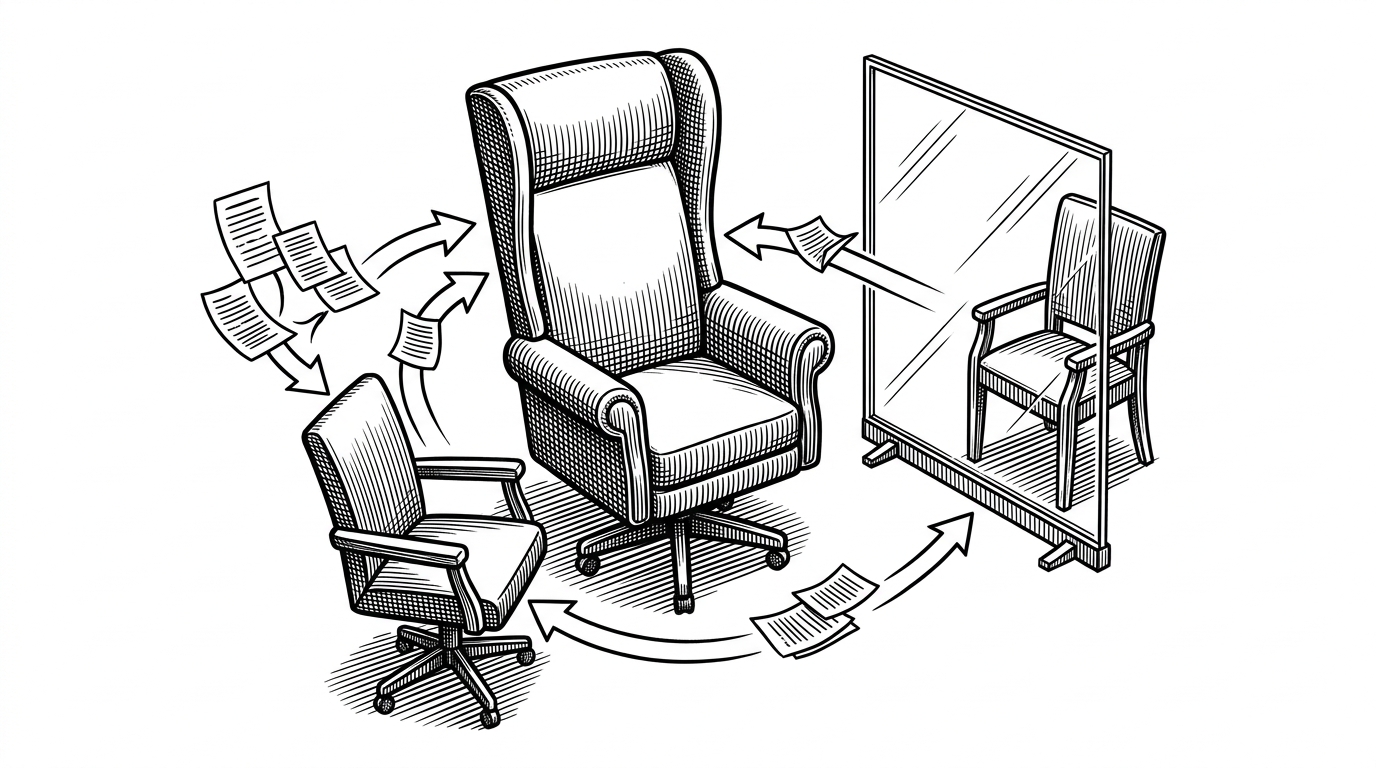 A close-up council chamber shows three chairs arranged with hierarchy. The central chair is large and direct, the summarizer chair is smaller and angled nearby, and the oracle chair sits farther back behind a glass partition. Notes flow from tool outputs into the summarizer and then back into the primary seat, while the oracle lane lights up only when the system stalls. The image explains how the repo separates reasoning, compression, and second opinions.