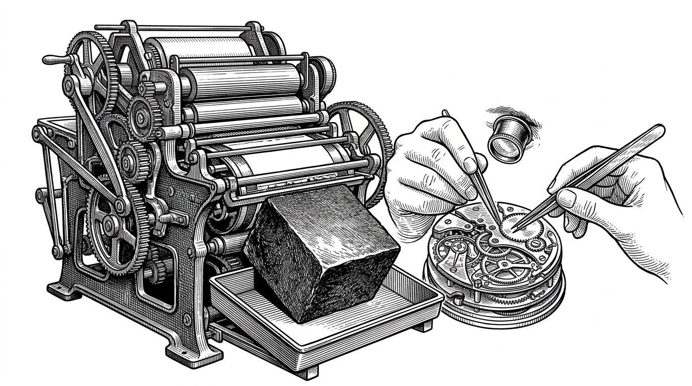 An illustration showing a massive industrial printing press churning out a solid block of dark metal, while nearby, a delicate pair of jeweler's tweezers assembles a complex clockwork mechanism. This contrasts the monolithic nature of diffusion video models with the granular, code-based approach of Fogsight.