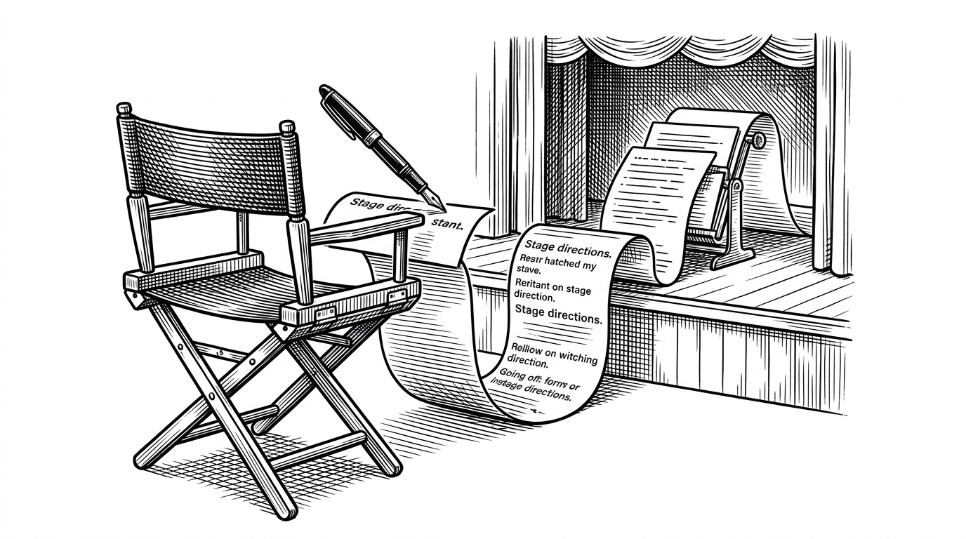 An illustration of a classic wooden film director's chair facing a stage. An ink pen is writing stage directions directly onto a continuous paper scroll that feeds into the mechanical actors' scripts. This represents the Language User Interface replacing traditional timeline-based editing.