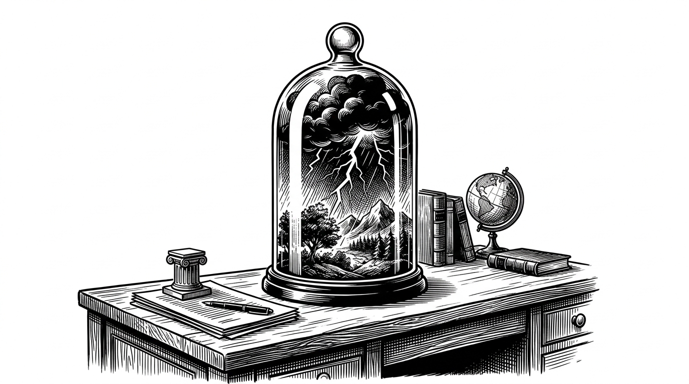 An illustration of a tiny, perfectly rendered terrarium sealed inside a thick glass bell jar. Inside the jar, a miniature violent thunderstorm is raging, while the outside environment—a pristine wooden desk with neatly stacked papers—remains completely unaffected. This visualizes the security sandbox containing the AI-generated code.