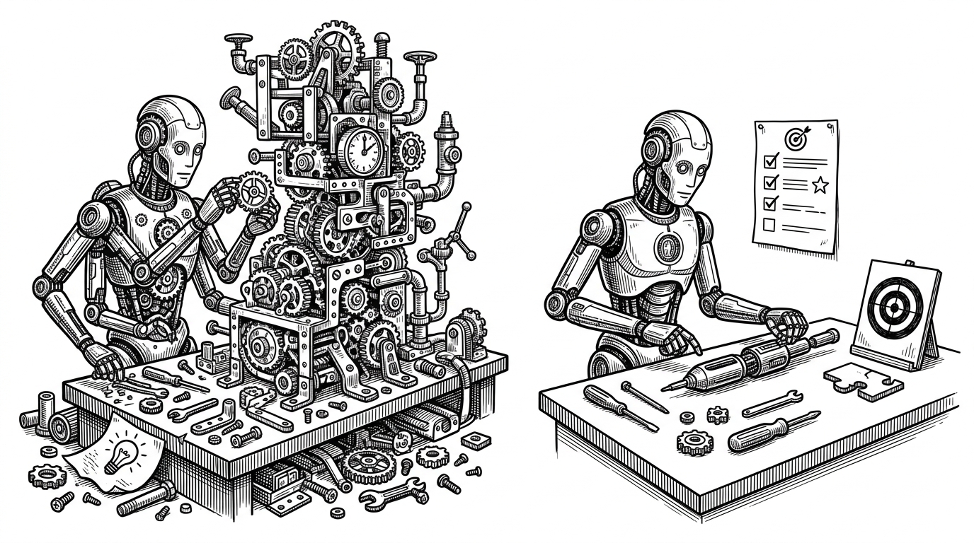 A medium-close editorial illustration of two workbenches side by side. On the left, an AI assistant assembles an absurdly elaborate machine for a trivial task, with too many gears, brackets, and decorative parts. On the right, the same assistant follows a checklist and builds one clean tool with only the necessary parts. The image explains how constraints reduce overengineering rather than intelligence.