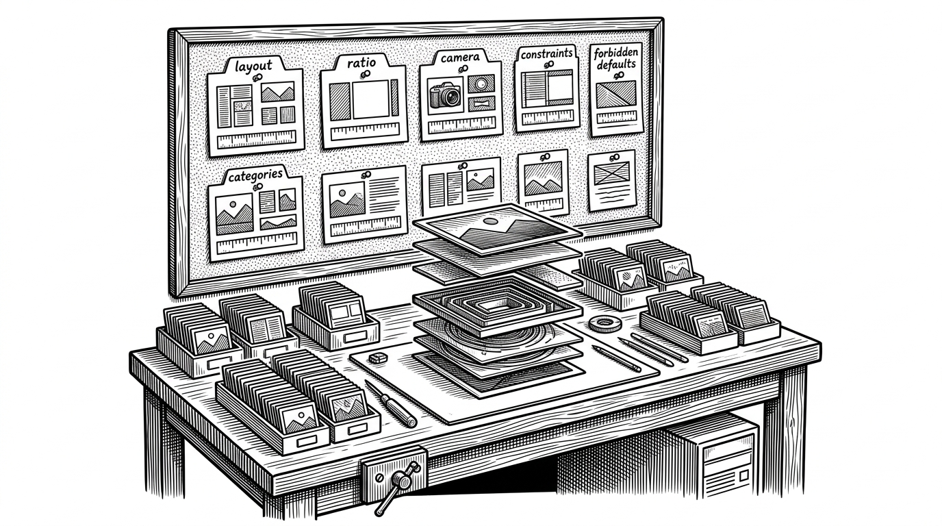 A workbench scene shows pinned case cards, ruler marks, and labeled trays for layout, ratio, camera, constraints, and forbidden defaults. In the center, a specimen image is peeled into layers like a technical cutaway. It explains how gallery examples are mined into reusable prompt logic, not collected as decoration.