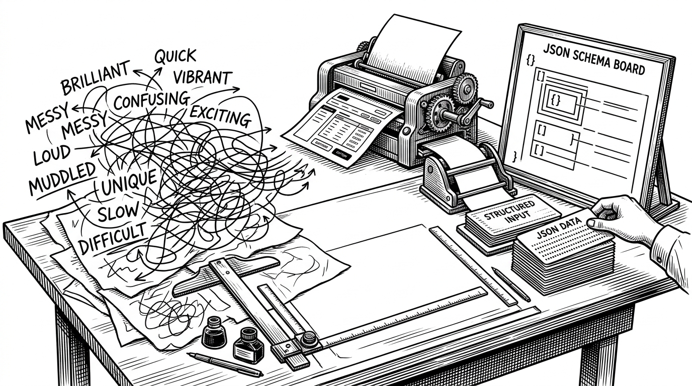 A wide editorial scene shows a developer's desk split into two worlds. On the left, loose speech bubbles and scattered adjectives drift around a messy sketch. On the right, a clean JSON schema board feeds a printer that outputs a polished mockup. It explains how structured prompting replaces vibes with repeatable inputs.