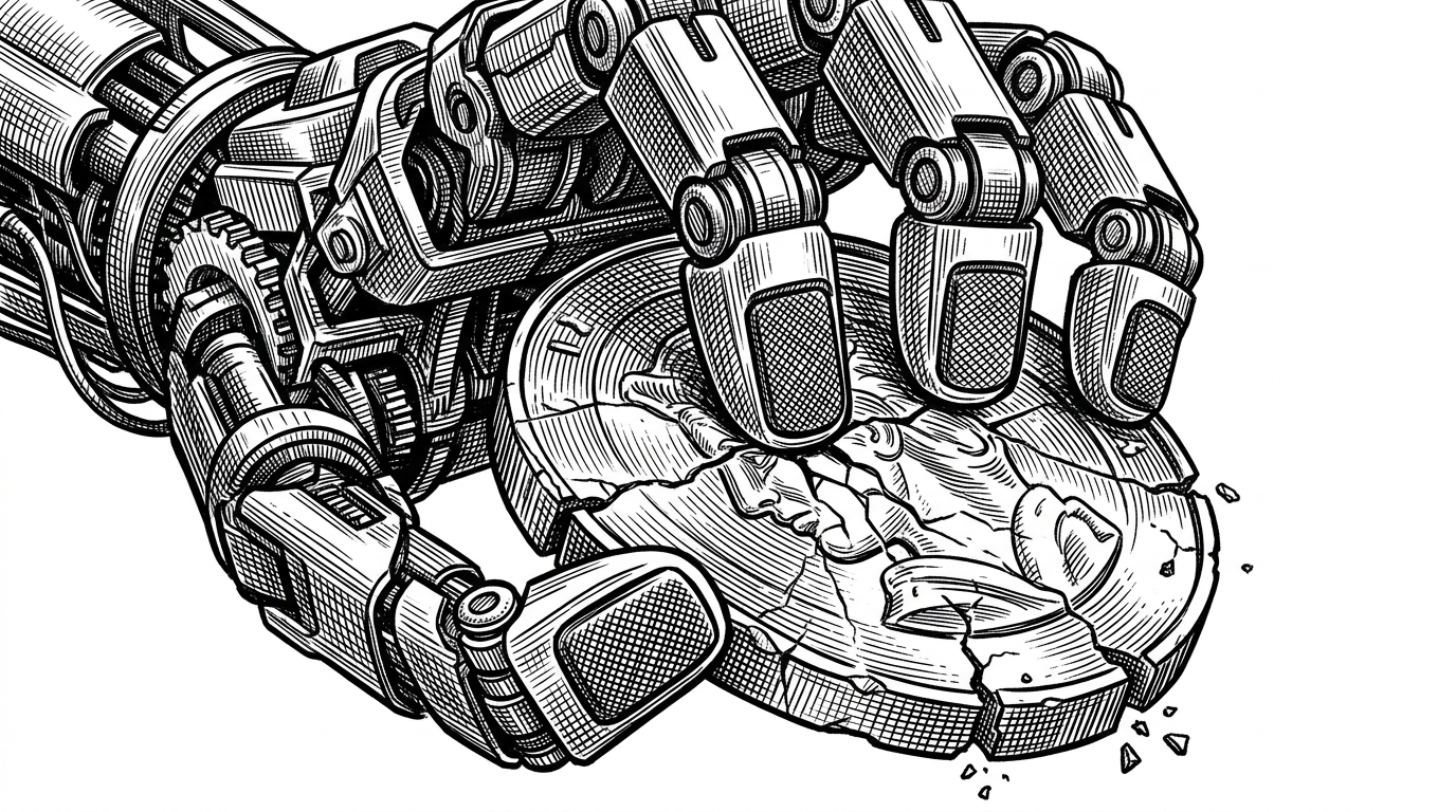 An extreme close-up of a mechanical robotic hand gripping a heavy, cracked coin so tightly it warps. This represents the sell_profit_only configuration forcing the bot to hold losing assets.