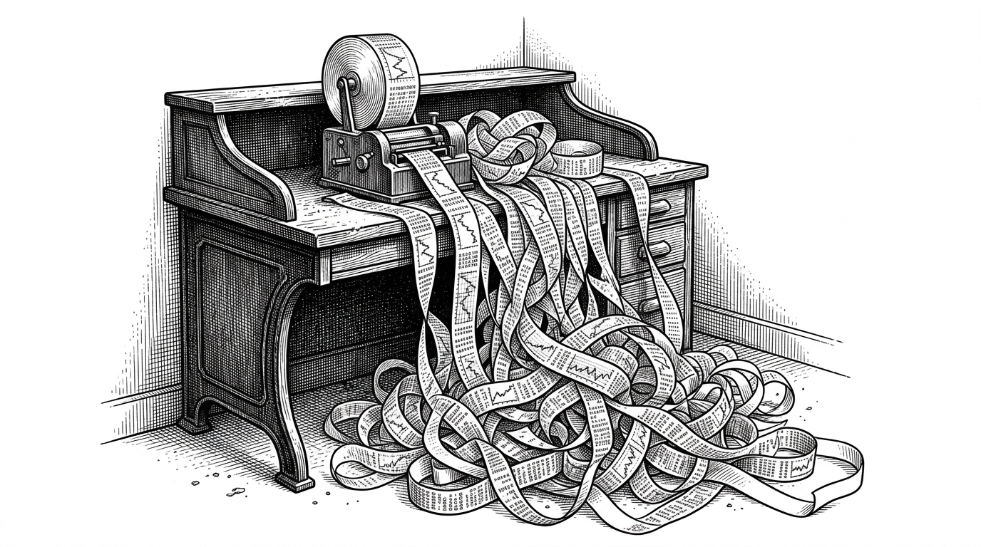An old, heavy mechanical trading desk abandoned in a corner, spooling paper tape onto the floor. This illustrates the deprecated, archaeological nature of the 2018 codebase.