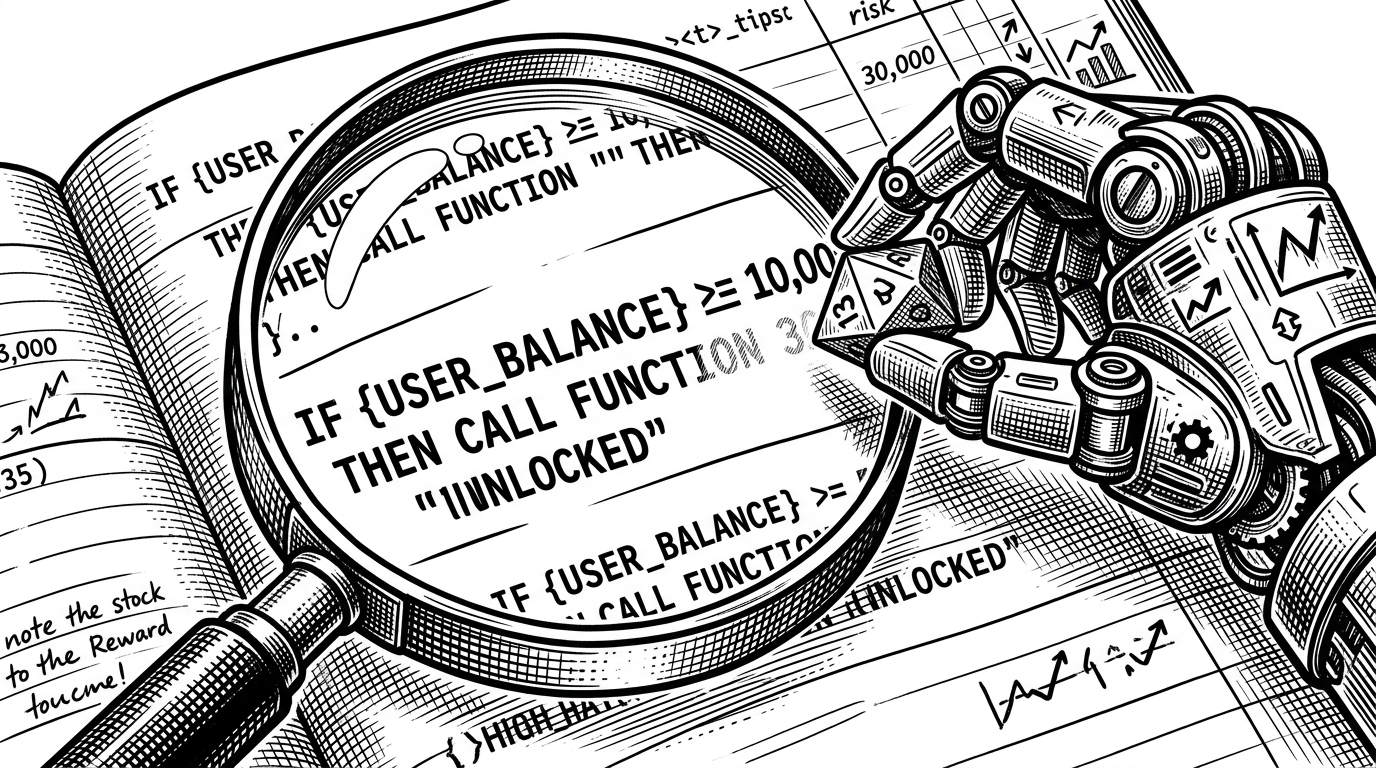 A close-up of a magnifying glass over a printed line of code, where a mechanical arm is erasing a static number.