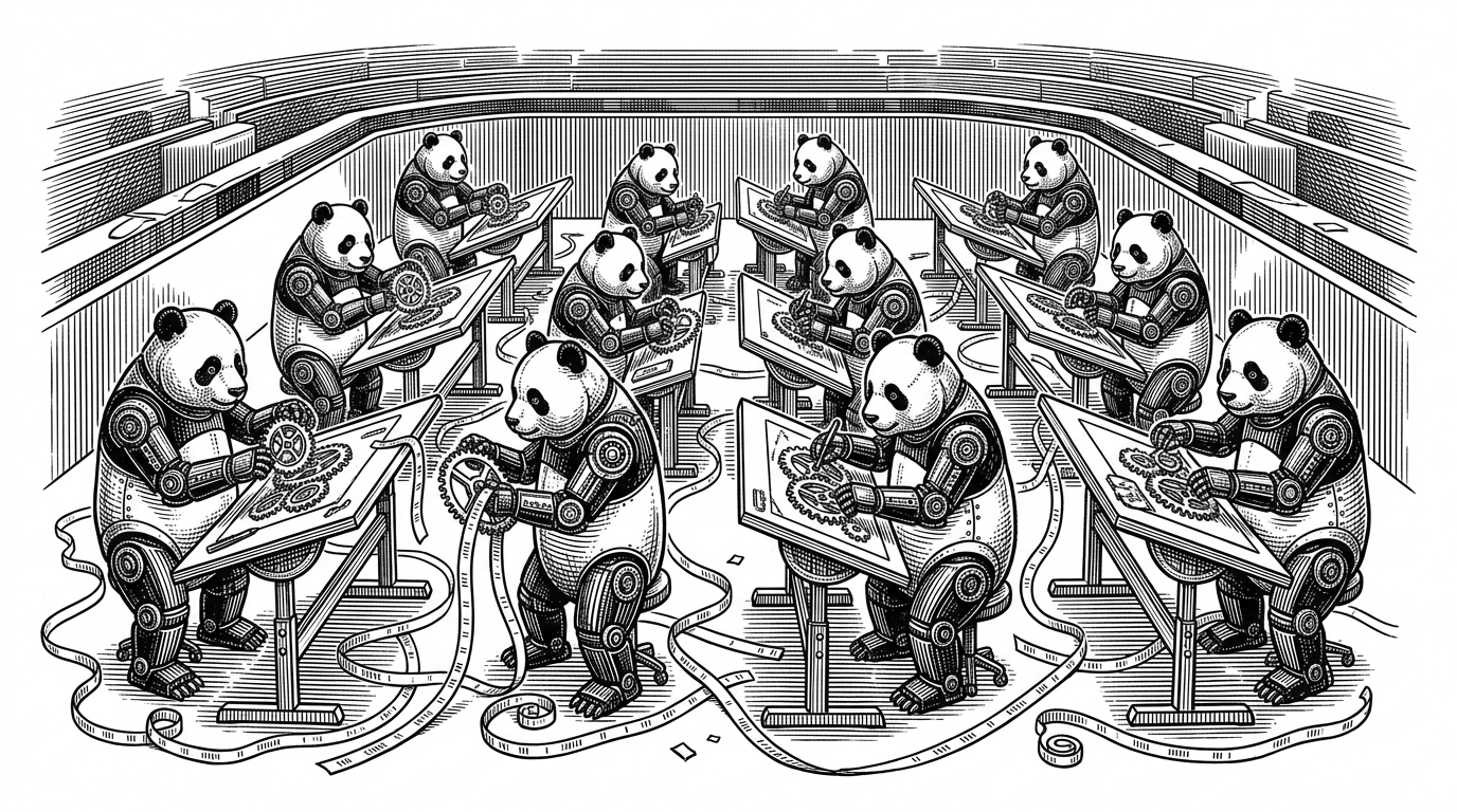 A classic trading floor entirely mechanized, with rows of pandas assembling clockwork gears on drafting tables.