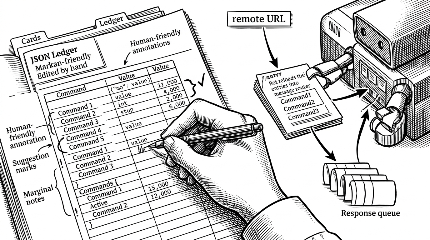 A close-up of a handwritten JSON ledger being edited beside a live message router. One side shows human-friendly annotations and grouped entries. The other side shows the bot reloading those entries from a remote URL into the active command set. The image explains why comment-friendly JSON and hot reload are the project’s key operational ideas.