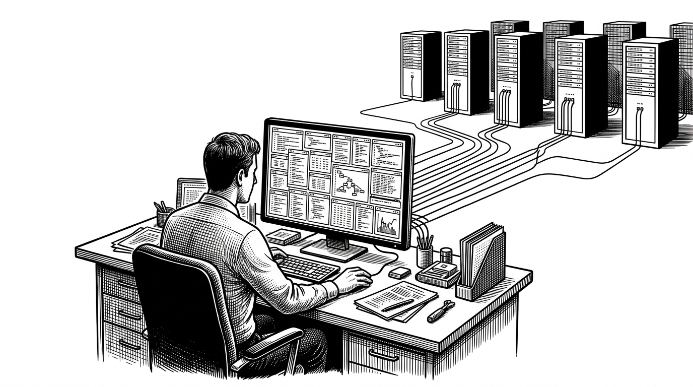 A wide operations desk with a single terminal screen in the foreground and several remote server towers in the background. Tiny windows on the screen represent many bots collapsed into one view, showing that FTUI turns distributed monitoring into a single command center. This scene explains the article’s core idea: aggregation is the product, not bot control.