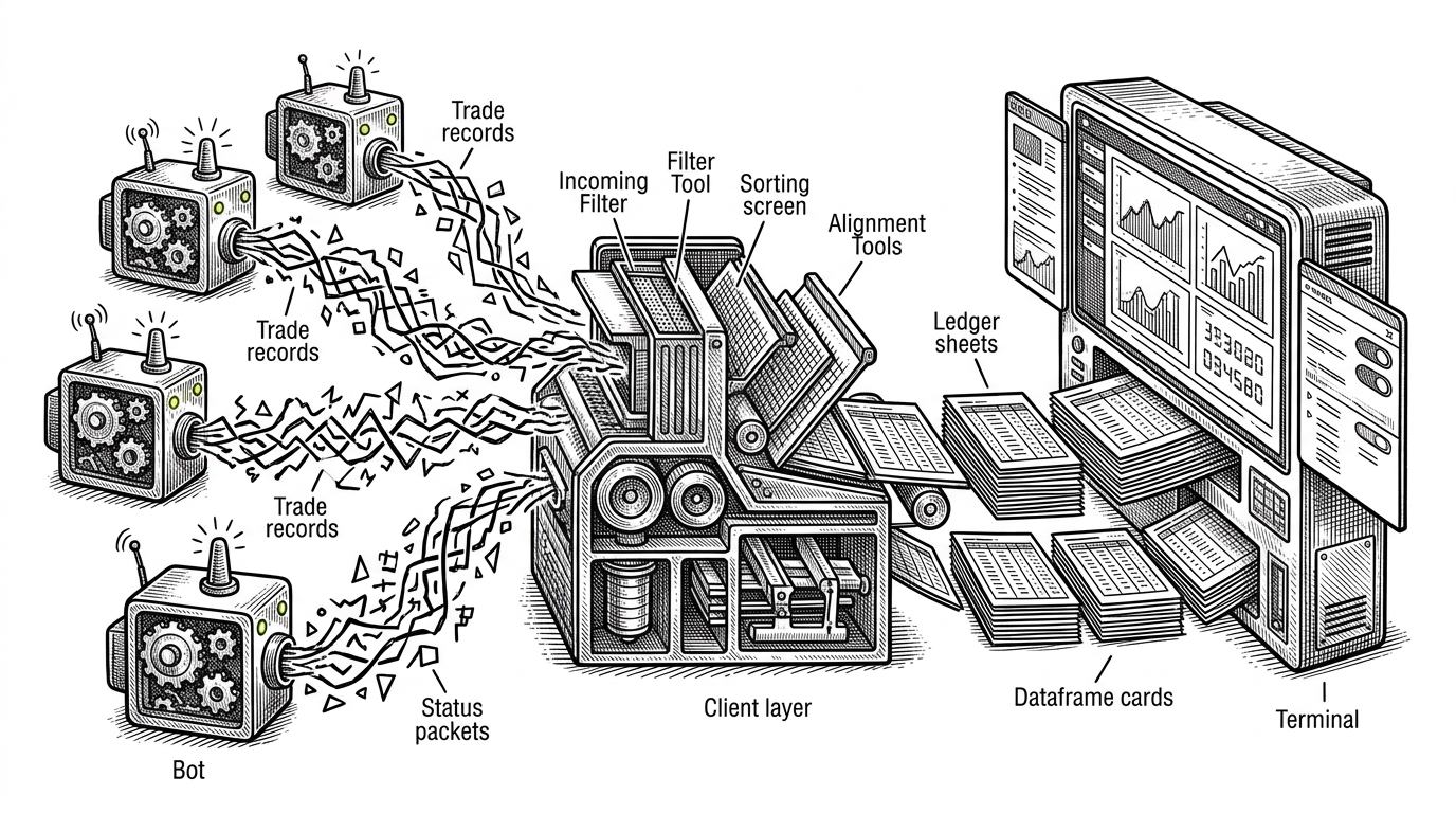 A close-up cross-section of a pipeline where several remote bot boxes on the left emit jagged streams of data into a central normalization layer. On the right, the streams become neat ledger sheets that feed charts, digits, and collapsible panels. This image explains how FTUI turns raw API responses into staged dashboard state.