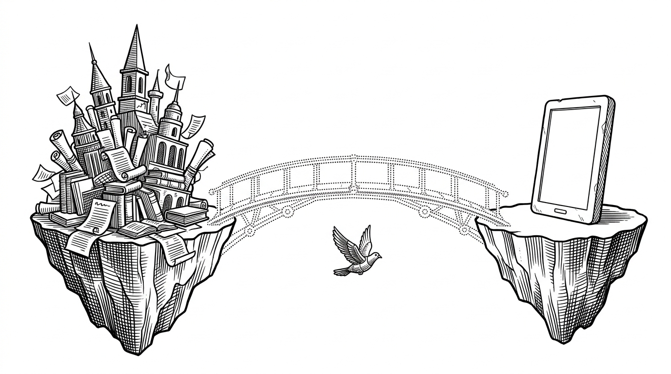 A mechanical bridge spanning a chasm between a chaotic archive and a pristine stone tablet, with a mechanical pigeon mid-flight. This illustrates the transient data pipeline between the web and an e-ink display.