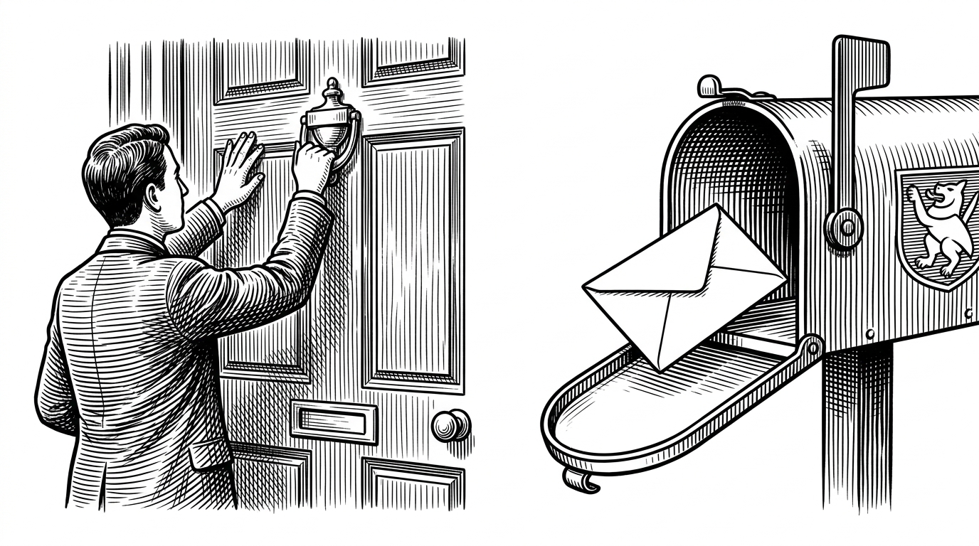 A split composition showing a person repeatedly banging a door knocker on the left, and a single envelope smoothly entering a mailbox on the right. This illustrates the difference between polling and webhook push architectures.