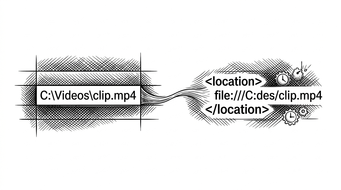 A close-up shows a spreadsheet cell containing a Windows file path on one side and a clean URI inside an XML tag on the other. The image focuses on the translation from local path syntax to playlist-safe address syntax, which is the key portability step in the script.