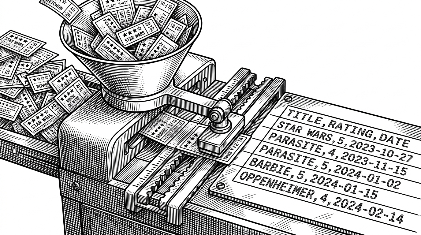 A close-up editorial scene shows a film rating card being lowered into a machine that stamps it into a CSV grid. Thin rails, funnels, and a small transfer arm suggest a conversion pipeline rather than a simple download. The image explains that the repository is about transforming one site's output into another site's input.