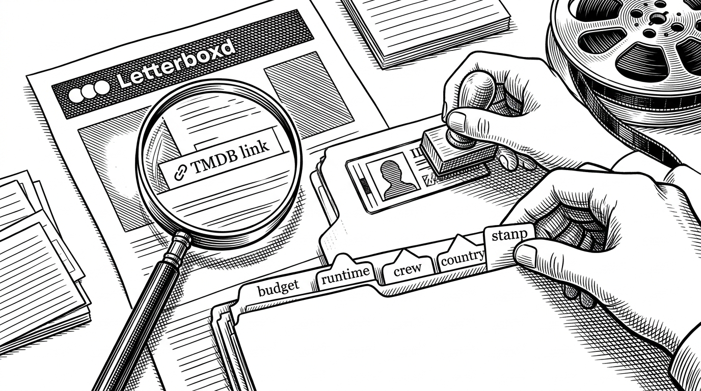 A close-up scene of a film dossier on a desk, with a magnifying glass finding a hidden TMDB link inside a Letterboxd page and a stamp transferring that ID onto a folder. The folder is then marked with small chips for budget, runtime, crew, and country, showing how one recovered identifier unlocks deeper metadata.