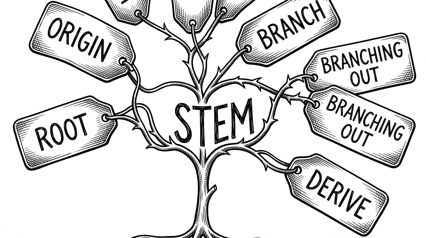 A close-up of one stemmed word branching into several synonym tags, like a grafted plant or switchboard. One branch stretches too far toward a misleading neighbor, showing both the power and the risk of semantic expansion.