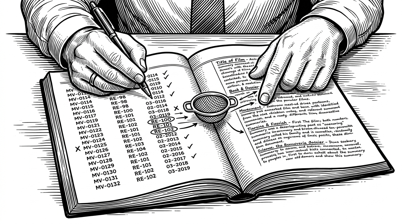 A close-up of two hands working over a paper ledger. The left page shows a seed list of film IDs, while the right page shows a richer dossier. A narrow filter between them lets only missing records through, with crossed-out duplicates and small arrows indicating incremental processing. The image explains how the repo avoids reprocessing everything on every run.