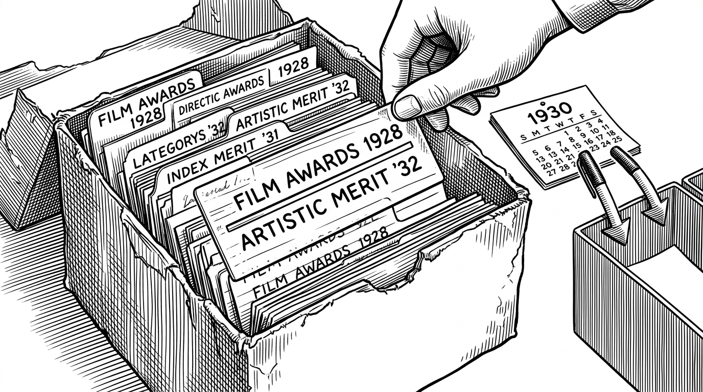 A close-up archive box contains old award labels while a transparent stencil labeled as a unified category sheet aligns mismatched historical names into one timeline. A small 1930 calendar page sits nearby with two ceremony markers split into separate bins, showing that normalization is both archival and pragmatic.