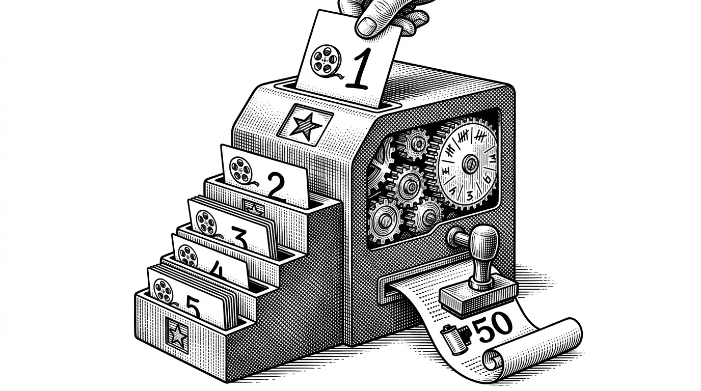 A close-up black-ink illustration of one film card moving through a set of ranked scoring slots. The highest slot is large and prominent, lower slots are smaller and stacked beneath it, making the weight of first place visually obvious.