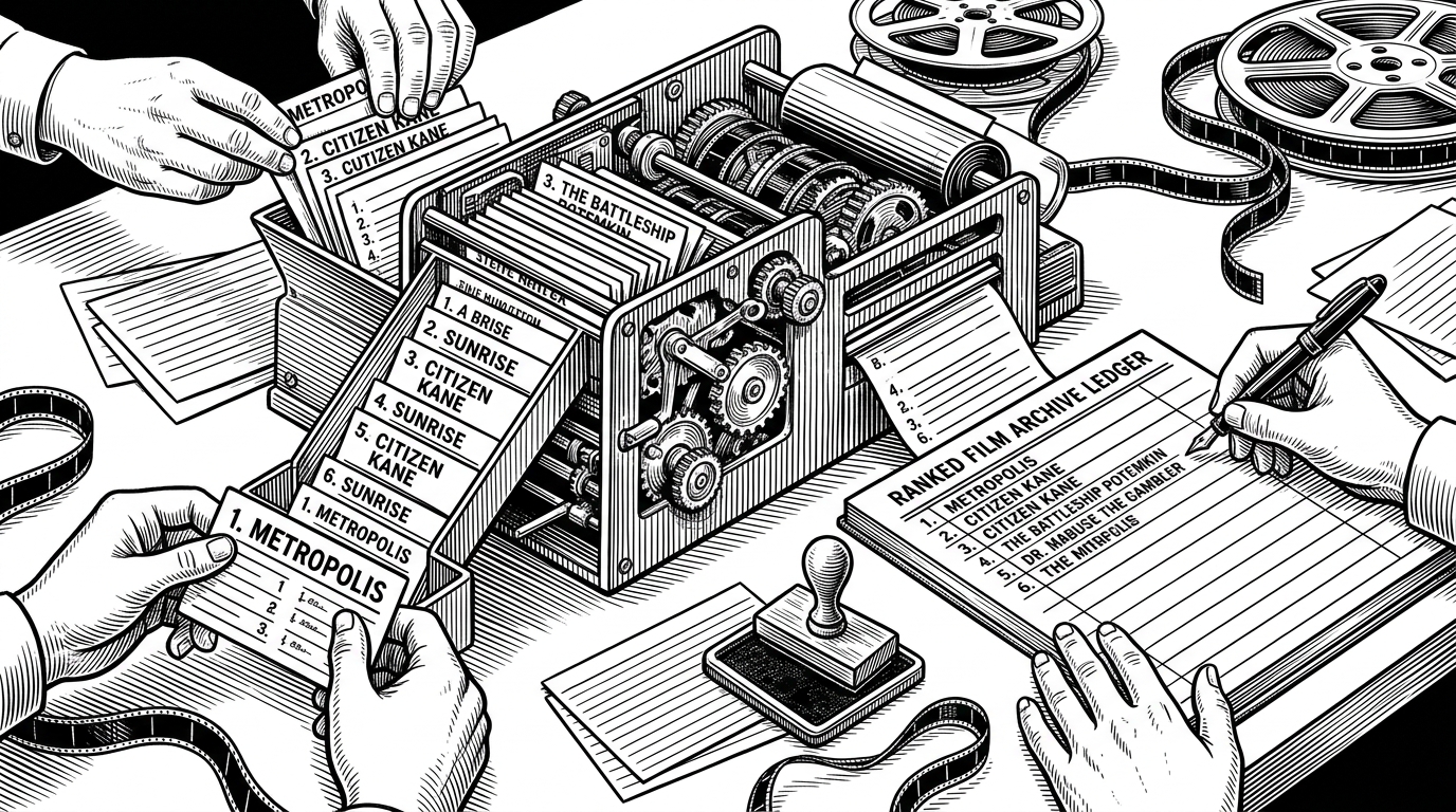 A wide black-ink scene of movie ballots sliding through a civic-style sorting desk and emerging as a ranked film ledger. The image frames taste as infrastructure, showing how social chatter becomes a structured canon instead of a loose list.