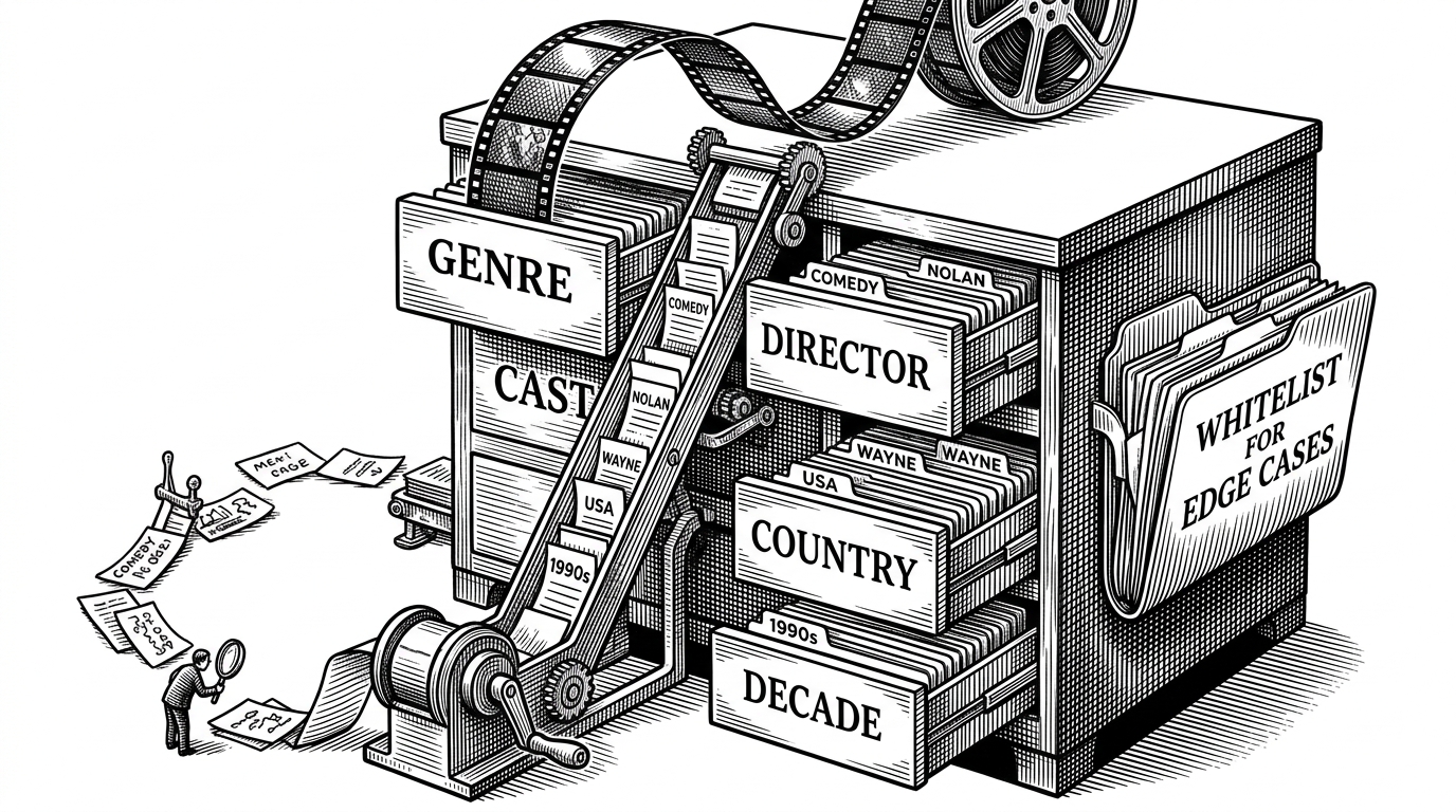 A medium-distance black-ink scene of a film reel feeding into a filing cabinet of metadata drawers. The drawers suggest genres, cast, directors, and decades, while a small side folder catches edge cases that do not match cleanly on first pass.