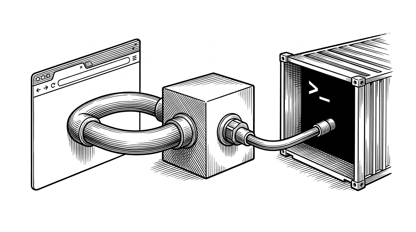 A medium-distance engineering scene shows a browser window on one side of a wall, a relay box in the middle, and a containerized terminal on the other side. It explains how devrig tunnels browser communication through a bridge instead of giving the container direct access to host sockets.