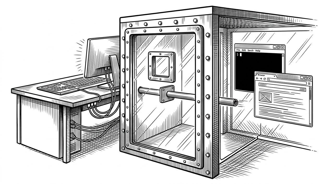 A wide editorial scene shows a developer workstation feeding into a sealed transparent chamber, then into a separate agent workspace on the other side. The image explains devrig's main idea: keep Claude Code productive while tightening the trust boundary around the host machine.