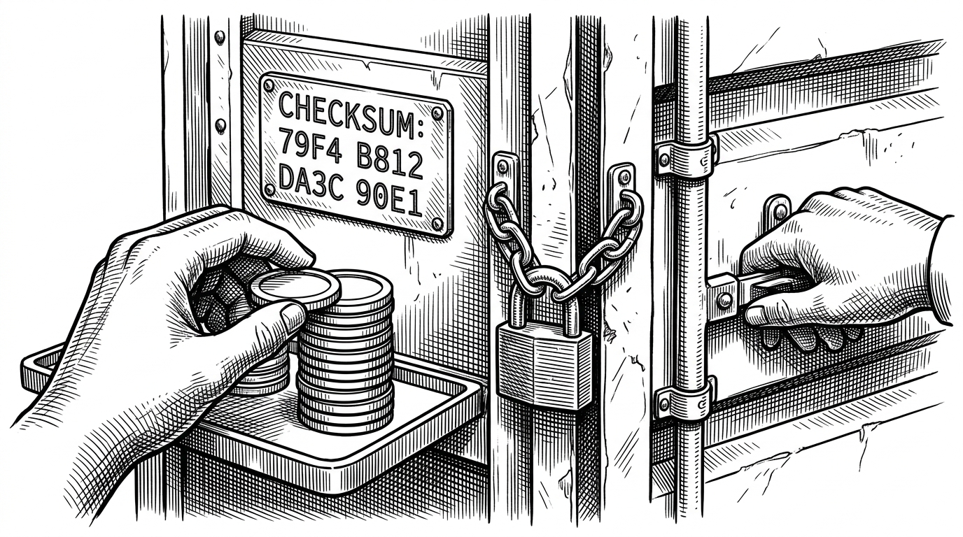 A close-up editorial scene shows a locked container door, a checksum stamp, and a tidy stack of process tokens arranged beside a checklist tray. It explains that devrig is operationally careful, with session locking, ownership mapping, and cleanup built into the workflow.