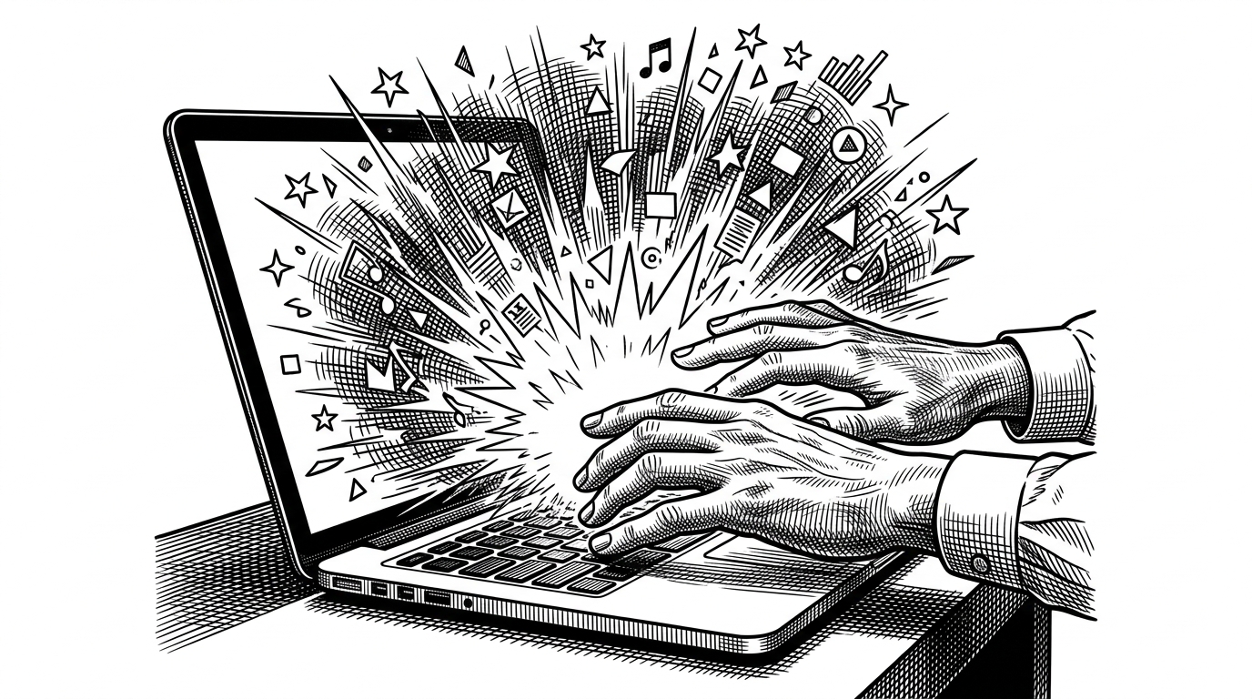 A sleek laptop emitting blinding light from its keyboard while hands try to cover it.