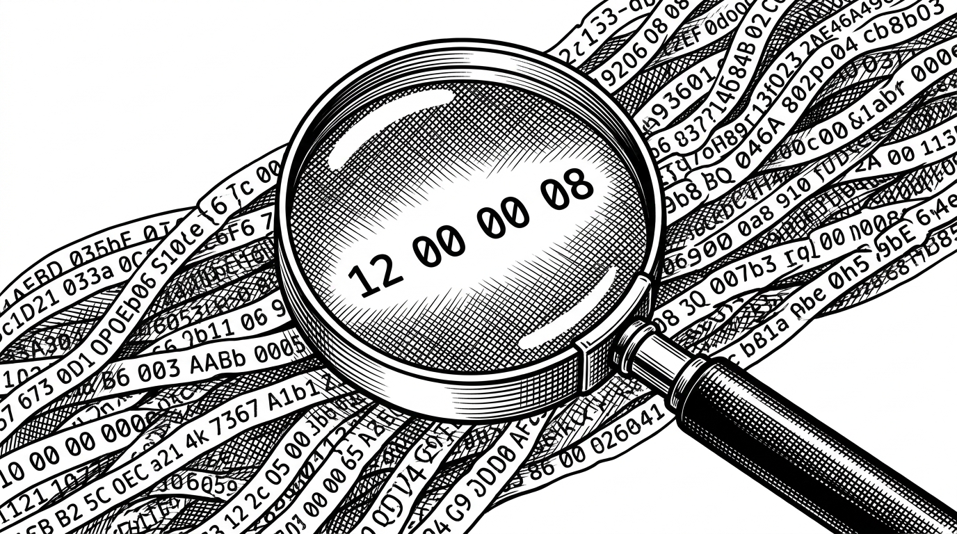 A magnifying glass isolating a specific hex sequence from a stream of numbers.