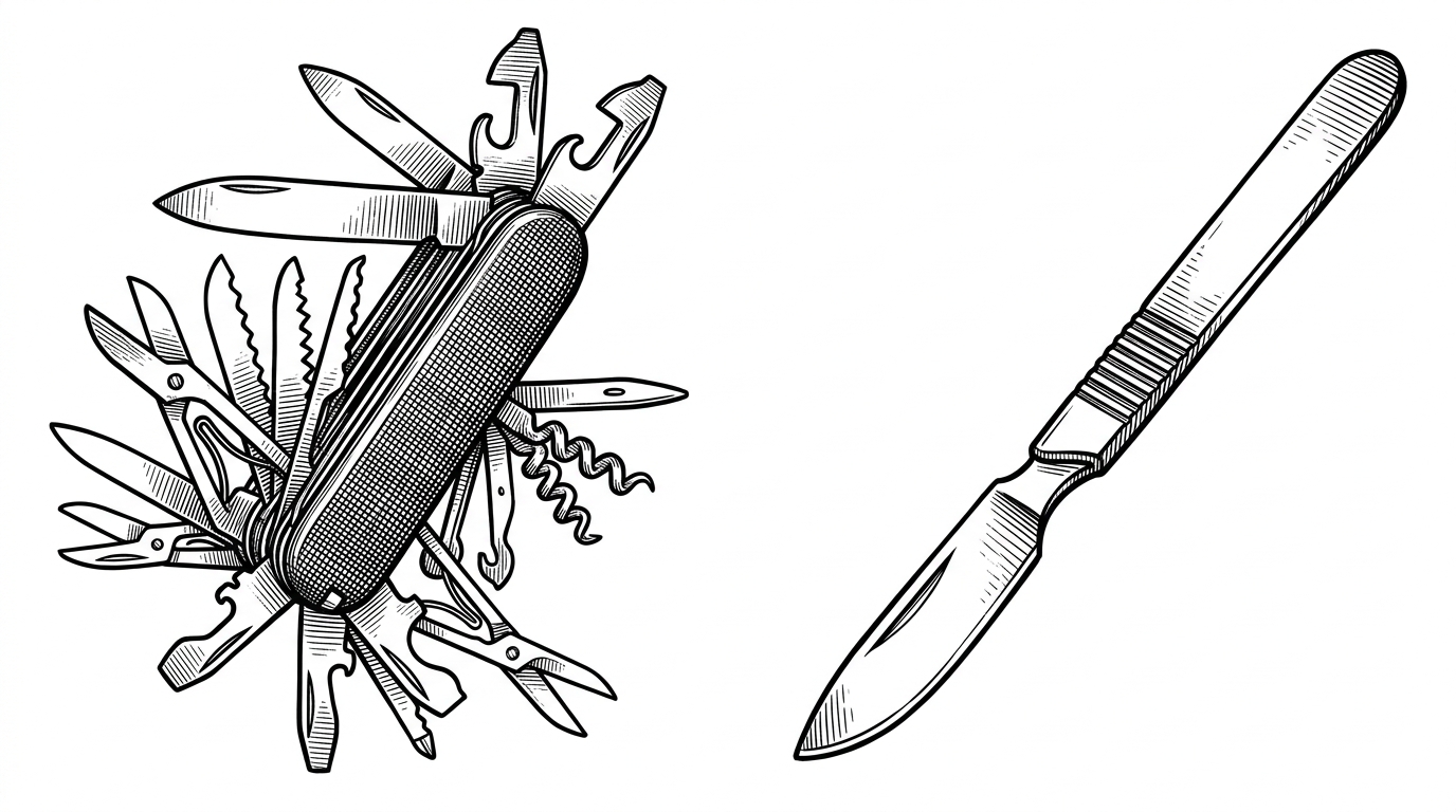 A complex Swiss Army knife compared to a single surgical scalpel.