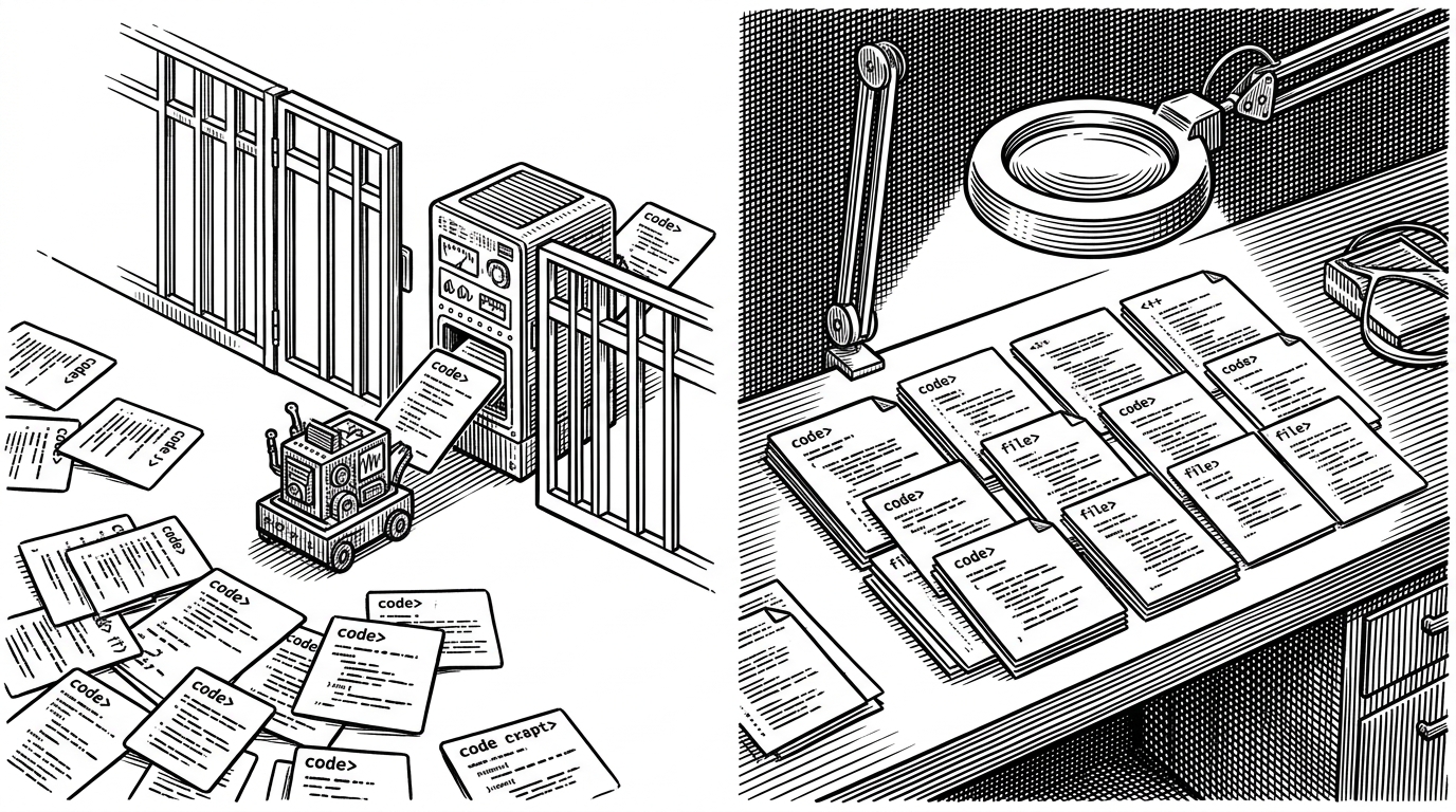 A split scene shows a tiny search sorter pushing a few code cards through a narrow gate on one side, while on the other a complete repository sits open on a workbench under a magnifying lamp. The image contrasts snippet retrieval with full-context prompting for code understanding.
